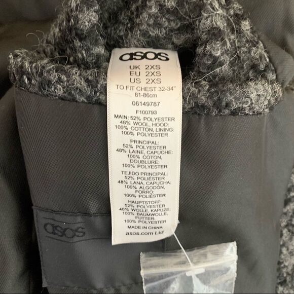 ASOS Wool Blend Zip Front Marled Charcoal Coat Removable Hood 2XS - Picture 8 of 10